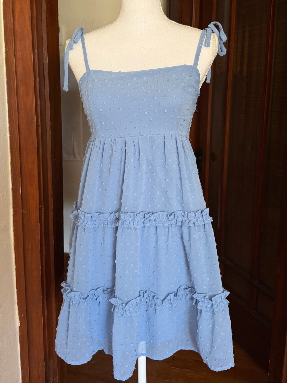 Textured Babydoll Tiered Ruffle Mini Dress Baby Blue Size Medium